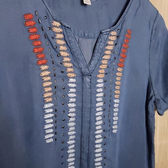 Est 1946 Blue Boho Embroidered Short Sleeve Rayon Blend Top Medium - Picture 3 of 6